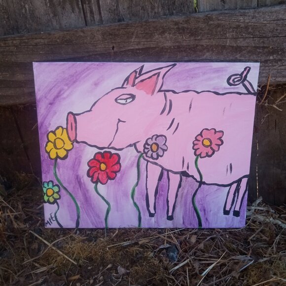 Pig In Flowers Folk Art Painting - Picture 5 of 15